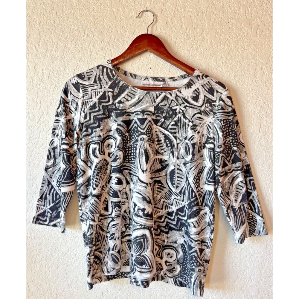 Rebecca Malone Womens 3/4 Abstract Black & White Shirt - Women Size Med